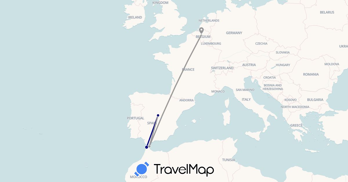 TravelMap itinerary: driving, plane in Belgium, Spain, Morocco (Africa, Europe)